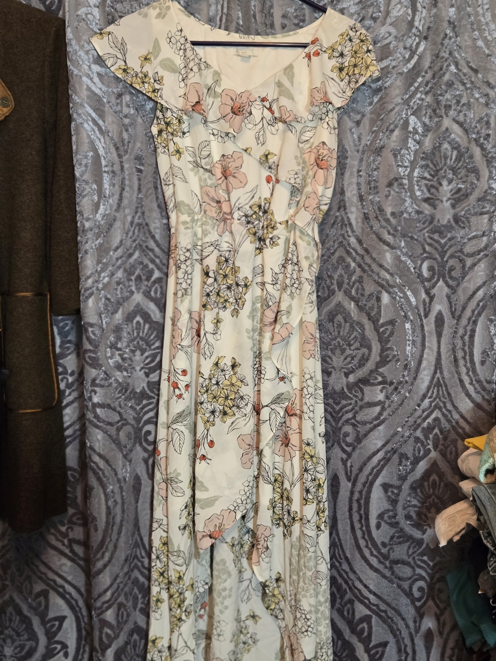 Floral Ruffle High-Low Maxi Dress - Cream with Blush & Yellow Floral